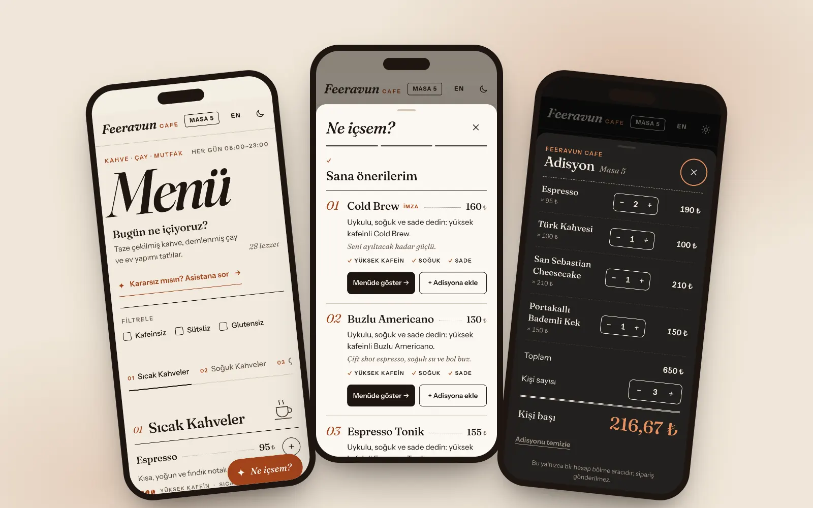 Feeravun Cafe: menü, içecek öneri asistanı ve hesap bölme ekranları, üç telefonda