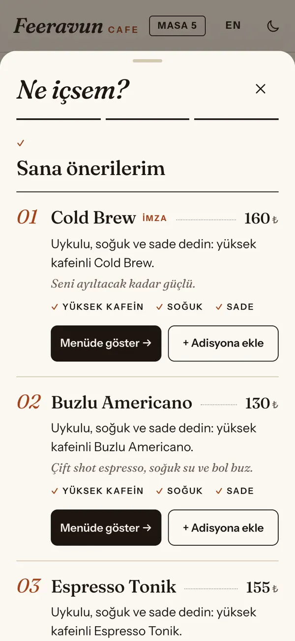 “Ne içsem?” asistanının öneri ekranı