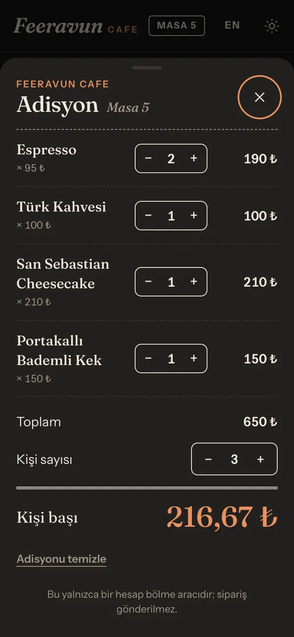 Koyu temada adisyon ve hesap bölme