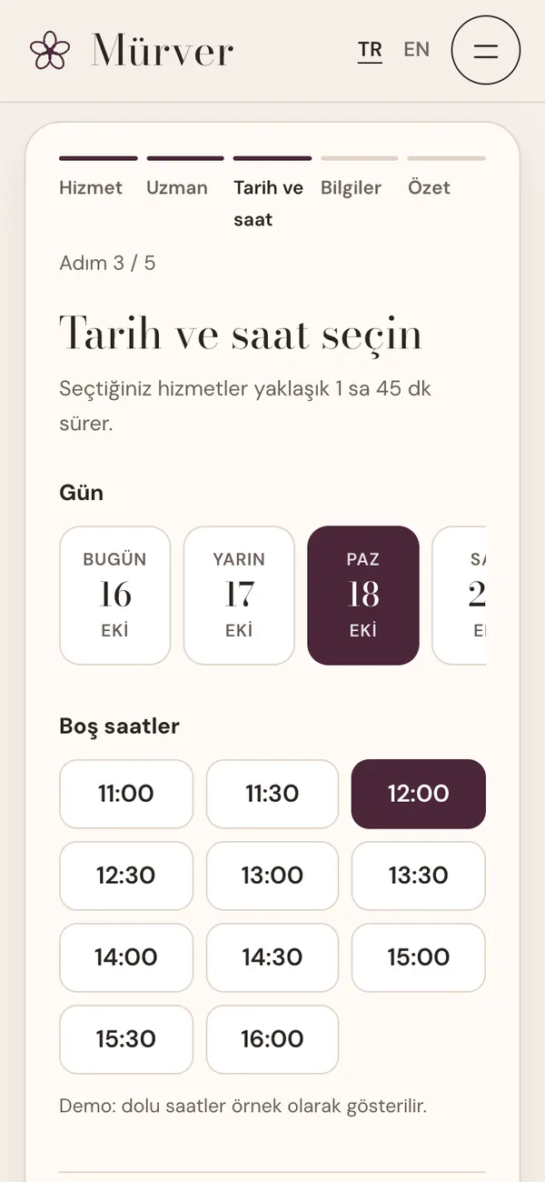 Randevu: gün ve boş saat seçimi