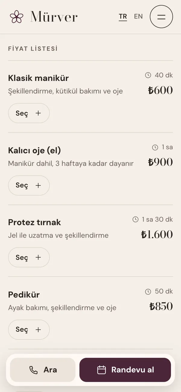 Tırnak fiyat listesi: süre, fiyat ve “Seç” butonları