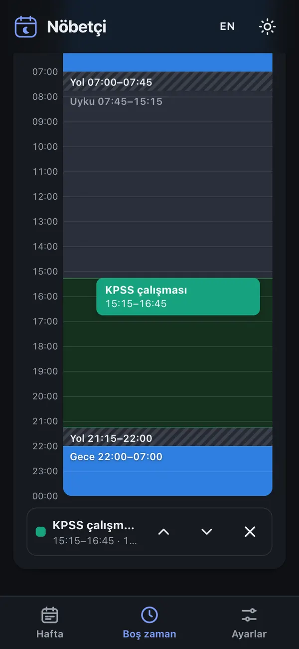 Koyu temada günlük zaman çizelgesi: vardiya, yol, uyku ve boş zaman