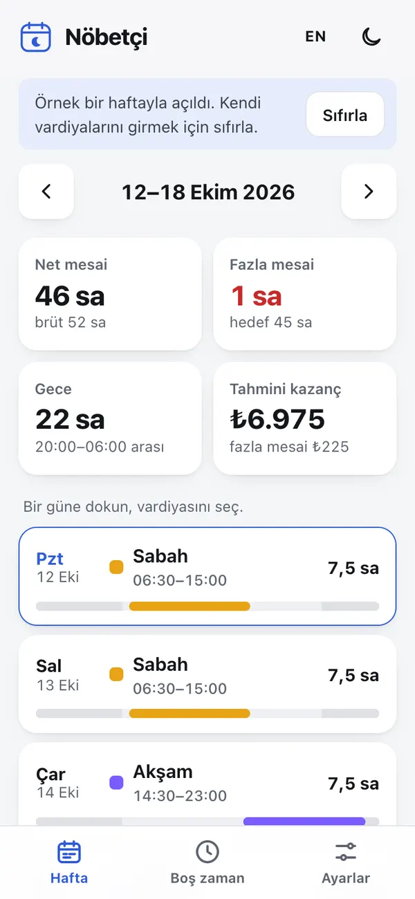 Haftalık vardiya görünümü ve mesai özeti