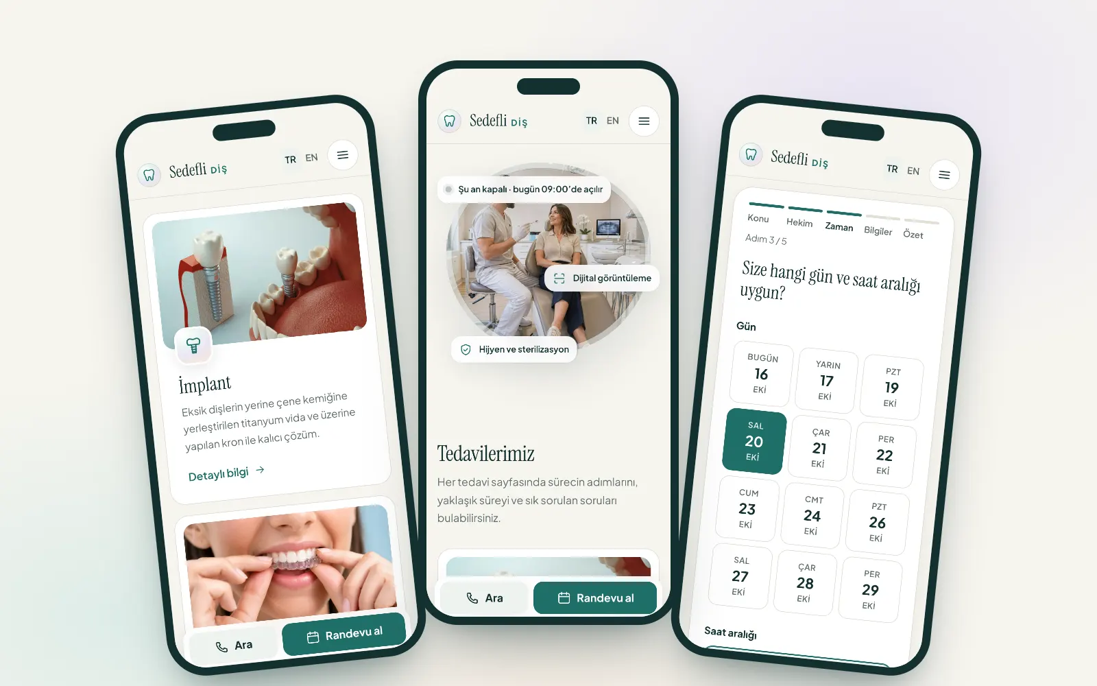 Sedefli Diş: treatment cards with photos, the home page and the appointment day picker on three phones